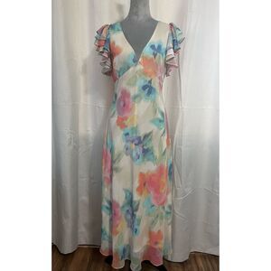Taylor Ruffle Sleeve Floral V Neck Dress Sz 4 NWT